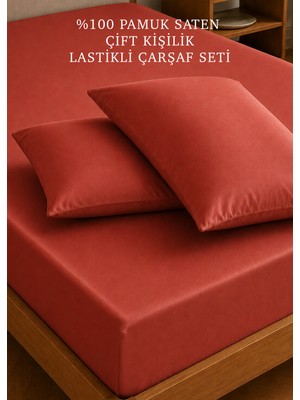 Bella Maison %100 Pamuk Saten Çift Kişilik Lastikli Çarşaf Seti Kiremit (160X200X35 Cm)
