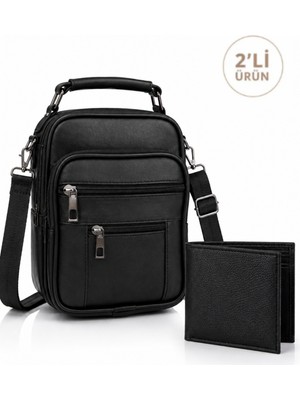 Sannora Bags Erkek Siyah Çelik Kasalı Hakiki Deri El ve Omuz Çantası Ayarlanabilir Askılı( Orta Boy) ve Cüzdan