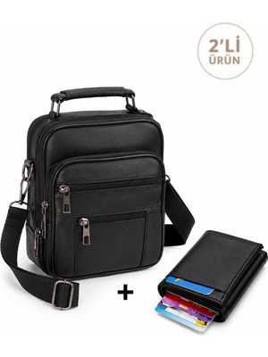 Sannora Bags Erkek Siyah Çelik Kasalı Hakiki Deri El ve Omuz Çantası Ayarlanabilir Askılı( Orta Boy) ve Cüzdan