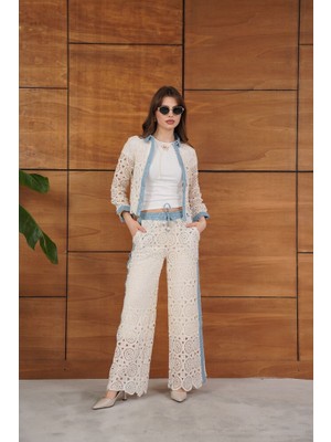 Caddebostan Moda Krem-Mavi Kot Detay Dantel Pantolon Modern Premium Luxury Trend Tasarım Pantolon