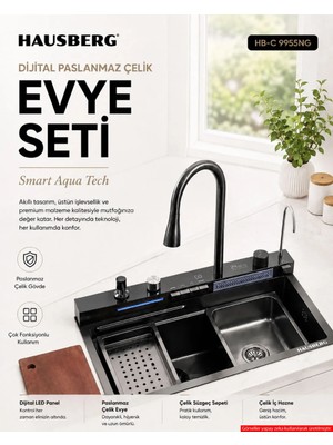 Hausberg Dijital Akıllı Evye Seti — 75X46 cm Şelale Bataryalı, LED Sıcaklık Göstergeli, Bal Peteği Tabanlı Paslanmaz Çelik Teknolojik Mutfak Evyesi,7+1 Fonksiyonlu, Aksesuarları Dahil
