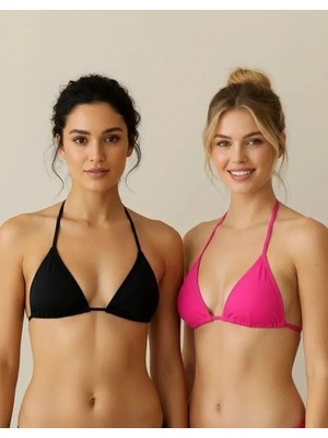 Hace Bazaar Siyah ve Fuşya Detaylı Üçgen Bikini Üstü Bağlamalı Kadın Mayo Üstü 2'li