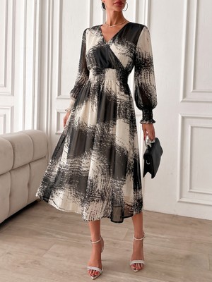 Mass Fashion Kadın Desenli Beli Lastikli Uzun Kollu Şık Elbise