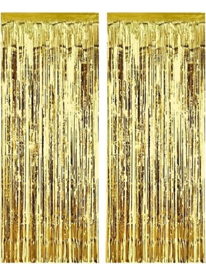 Asitan 2 Adet 45 cm × 200 cm Metalize Arka Fon Kapı Perdesi Püsküllü Fon Süsü Gold