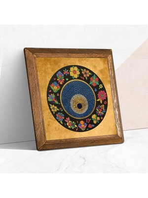 Asitan Pinecone Nazar Boncuğu Taş Duvar Tablosu - Ahşap Çerçeveli Taş Tablo - 25X25 cm - Dekoratif Du