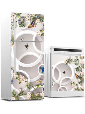 Asitan Buzdolabı ve Bulaşık Makinası Beyaz Eşya Sticker Kaplama Yuvarlak Kuş Çiçek