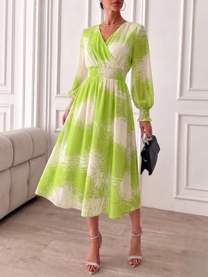 Mass Fashion Kadın Desenli Beli Lastikli Uzun Kollu Şık Elbise
