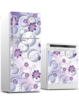 Asitan Buzdolabı ve Bulaşık Makinası Beyaz Eşya Sticker Kaplama Mor Çiçek Yuvarlak