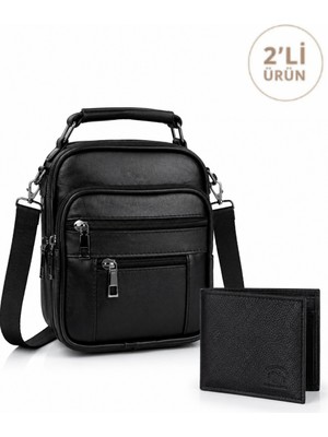 Sannora Bags Erkek Siyah Çelik Kasalı Hakiki Deri El ve Omuz Çantası Ayarlanabilir Askılı (Küçük Boy) ve Cüzdan