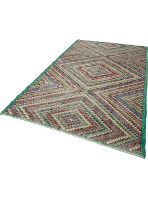 Asitan 167X295 cm Kareli Kilim Yeşil Kareli Yün El Dokuma Modern Geometrik Etnik Eskitme Desenli Boho Otu