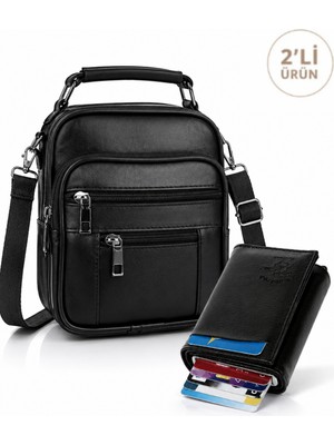 Sannora Bags Erkek Siyah Çelik Kasalı Hakiki Deri El ve Omuz Çantası Ayarlanabilir Askılı (Küçük Boy) ve Cüzdan