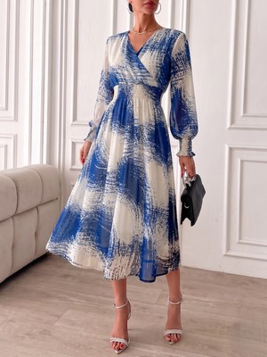 Mass Fashion Kadın Desenli Beli Lastikli Uzun Kollu Şık Elbise