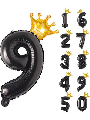 Asitan Gitti 9 Siyah Rakam Folyo 32 -34 Inc ve Kral Tacı Folyo Balon 10 Inc