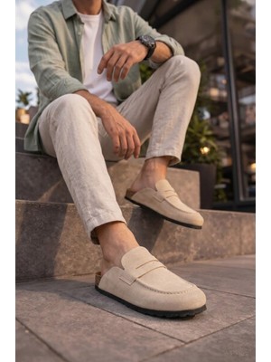 Zerenyus ZRJ0456 Bağcıksız Hakiki Süet Deri Erkek Günlük Mantar Taban Loafer Klasik Ayakkabı Terlik - Krem