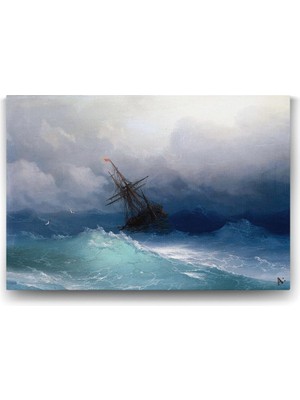Asitan Ivan Ayvazovski - Fırtınalı Denizde Gemi Tablosu - 75X50CM