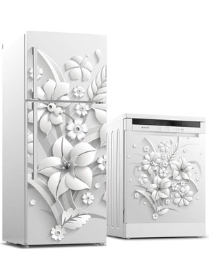Asitan Buzdolabı ve Bulaşık Makinası Beyaz Eşya Sticker Kaplama Gri Çiçekler