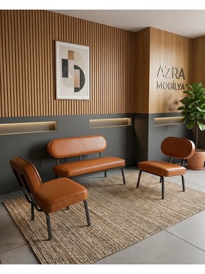 Azra Mobilya Luna 2+1+1 Deri Kumaş Ofis & Büro Iş Yeri Bekleme Koltuğu Takımı – Siyah Metal Iskelet - Taba