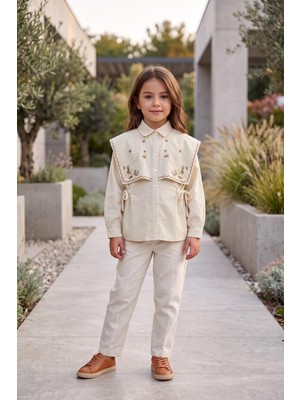 Mutlu Kids Kız Çocuk Çiçek Nakışlı Fırfır Detaylı Uzun Kollu Gömlek