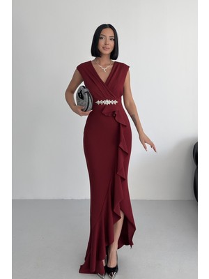 Alfudo Moda Collection Kadın Taşlı Scuba Dalgıç Kumaş Kruvaze Yaka Eteği Volanlı Abiye Mezuniyet Nikah Elbise