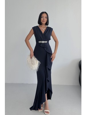 Alfudo Moda Collection Kadın Taşlı Scuba Dalgıç Kumaş Kruvaze Yaka Eteği Volanlı Abiye Mezuniyet Nikah Elbise