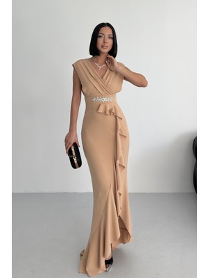 Alfudo Moda Collection Kadın Taşlı Scuba Dalgıç Kumaş Kruvaze Yaka Eteği Volanlı Abiye Mezuniyet Nikah Elbise