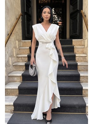 Alfudo Moda Collection Kadın Taşlı Scuba Dalgıç Kumaş Kruvaze Yaka Eteği Volanlı Abiye Mezuniyet Nikah Elbise