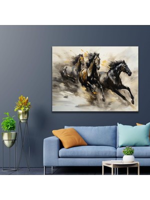 Asitan Yatay Kanvas Duvar Tablosu Uv Baskı Koşan Siyah Atlar 100 x 70 GARTNM8700