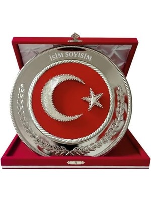 Asitan Ayyıldız Türk Bayraklı Filografi Işlemeli Metal Tabak Plaket Kadife Kutulu (Gumus)