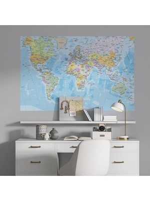 Asitan Plustablo Türkçe Dünya Haritası Kendinden Yapışkanlı Duvar Stickeri (70X105 Cm.)