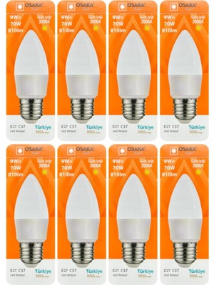 Asitan 9W (70W) Sarı Işık (3000K) E27 Duylu LED Mum Ampul, 8 Adet