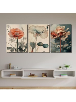 Asitan 3'lü Kanvas Duvar Tablosu Soft Renkte Gelincik Çiçekleri, 50 x 70