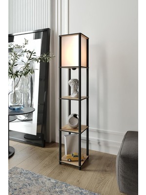 Asitan Sakura Raflı Lambader Meşe – 3 Katlı Dekoratif Mdf Lambader, Modern Ayaklı Lamba, E27 Duy, Sal