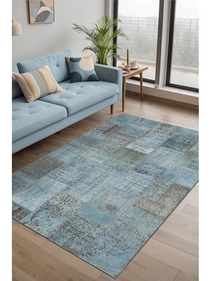 Asitan Cosy Patchwork Desenli Şönil Pamuk Tabanlı Yıkanabilir Kaymaz Antibakteriyel Salon Halısı 80X2