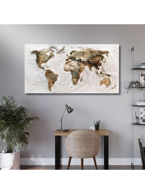 Asitan Panoramik Kanvas Tablo Kabartma Görünümlü Dünya Haritası, 120 x 60