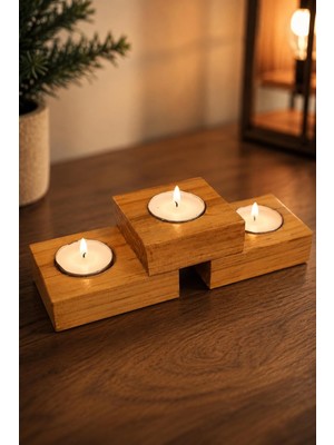 Asitan El Yapımı Vernikli Ahşap Merdiven Mumluk 3'lü Tealight Mumluk Dekoratif Şamdan 3 Adet Mum Hediy