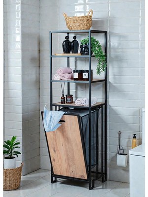 Asitan Dekoratif Kirli Sepetli Banyo Dolabı Ahşap Raflı Metal Gövdeli 4 Raflı Çamaşır Sepeti Banyo