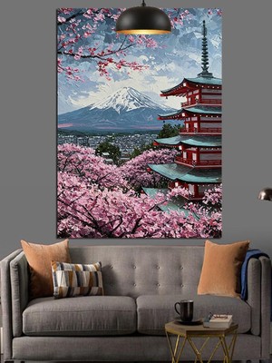 Asitan Fuji Dağı ve Tapınak Manzaralı Japon Sanatı Dekoratif Kanvas - Mdf Ahşap Tablo