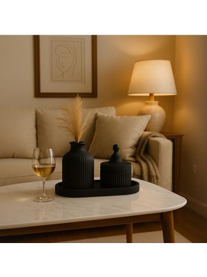 Asitan Şık Siyah Seramik Vazo ve Mumluk Seti Modern Minimalist Dekorasyon 3 Parçalı Dekoratif Set – �