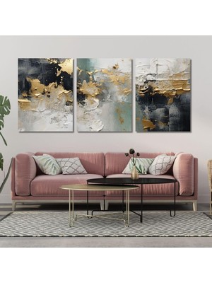 Asitan 3'lü Kanvas Duvar Tablosu Soyut Siyah Gold Desenler, 70 x 100