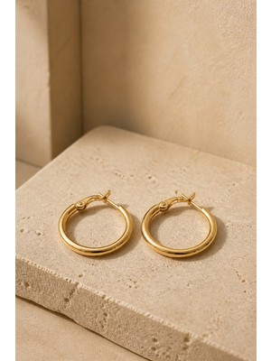 Lykos Gold Renk 22 mm Çelik Düz Klasik Halka Küpe - Minimalist Klipsli Halka Küpe