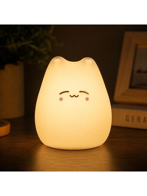 Asitan Coverzone Little Cat Şarjlı Silikon Gece Lambası USB Type-C, Dokunmatik Rgb LED Çocuk Gece Lamba