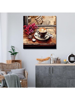 Asitan Tekli Kare Kanvas Mutfak Tablosu Kahve Köşesi Teması Çiçekler, 40 x 40