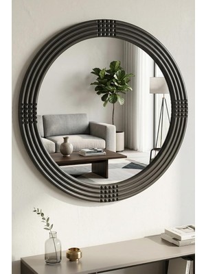Asitan Safir Siyah Dekoratif Ayna Yuvarlak Ayna Işlemeli Ahşap Duvar Aynası Tek Parça (57CM Ayna - 69CM