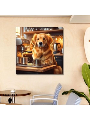 Asitan Kare Kanvas Kahve Köşesi Cafe Tablosu Barista Golden Retriever, 70 x 70