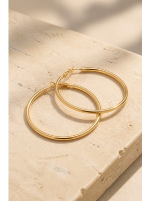 Lykos Gold Renk 46 mm Düz Çelik Klasik Halka Küpe - Minimalist Klipsli Halka Küpe