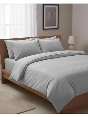 Asitan %100 Pamuklu Çizgili Saten King Size 220X240CM Nevresim Takımı, Gri