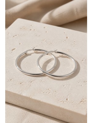 Lykos Gümüş Renk 36 mm Çelik Düz Klasik Halka Küpe - Minimalist Klipsli Halka Küpe
