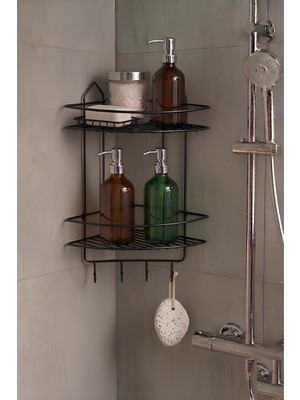 Asitan Sas Haus Siyah Yapışkanlı Banyo Köşeliği Düzenleyici, Şampuanlık, Duş Rafı 2 Katlı Ek-02