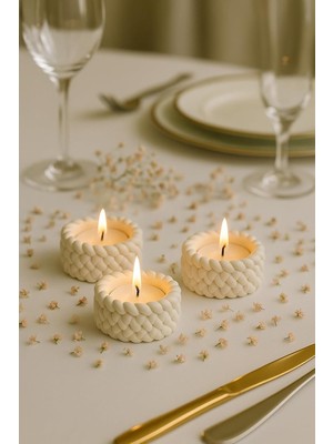 Asitan Örgü Desenli 3'lü El Yapımı Mumluk Seti – Tealight Uyumlu Modern & Doğal Dekoratif Aksesuar
