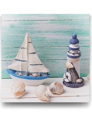 Asitan Minyatür Tekne ve Deniz Feneri Tablosu - 30X30CM